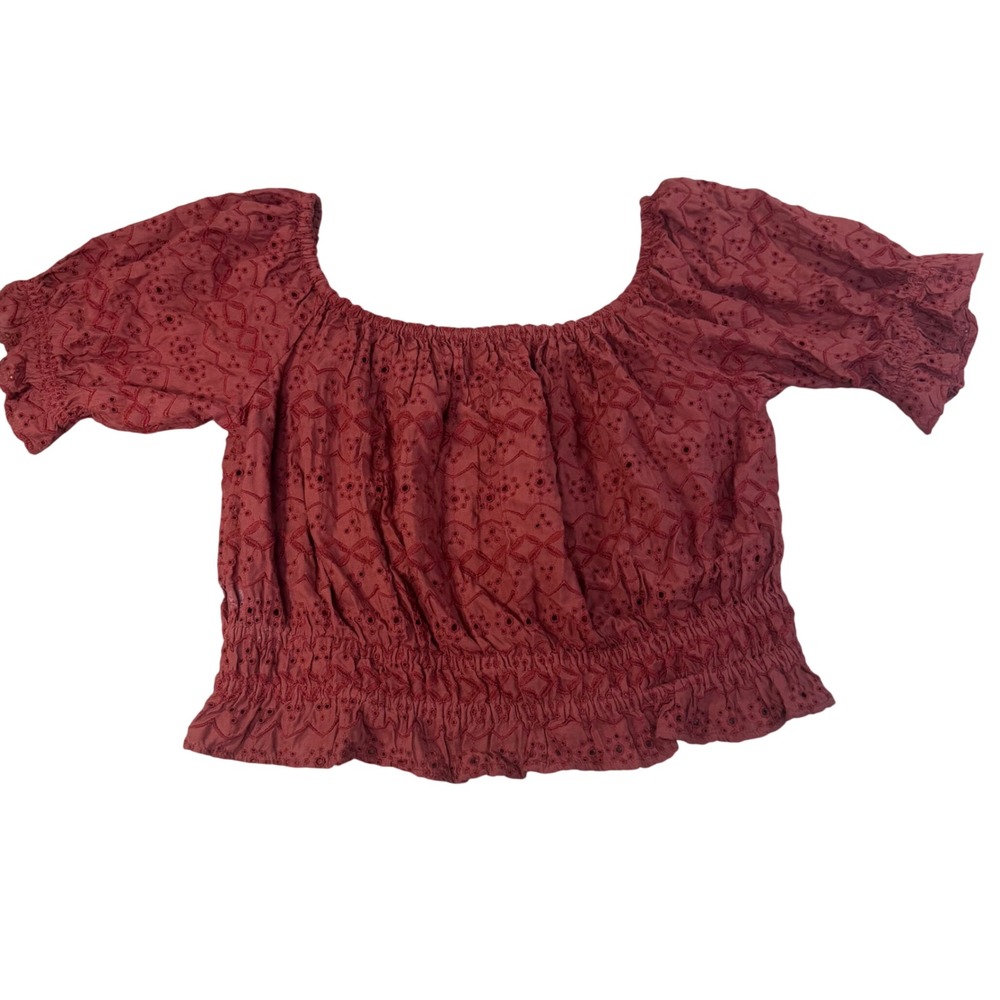 American Eagle Women Terracotta Red‎ Eyelet Smocked Crop Top Boho Blouse Medium